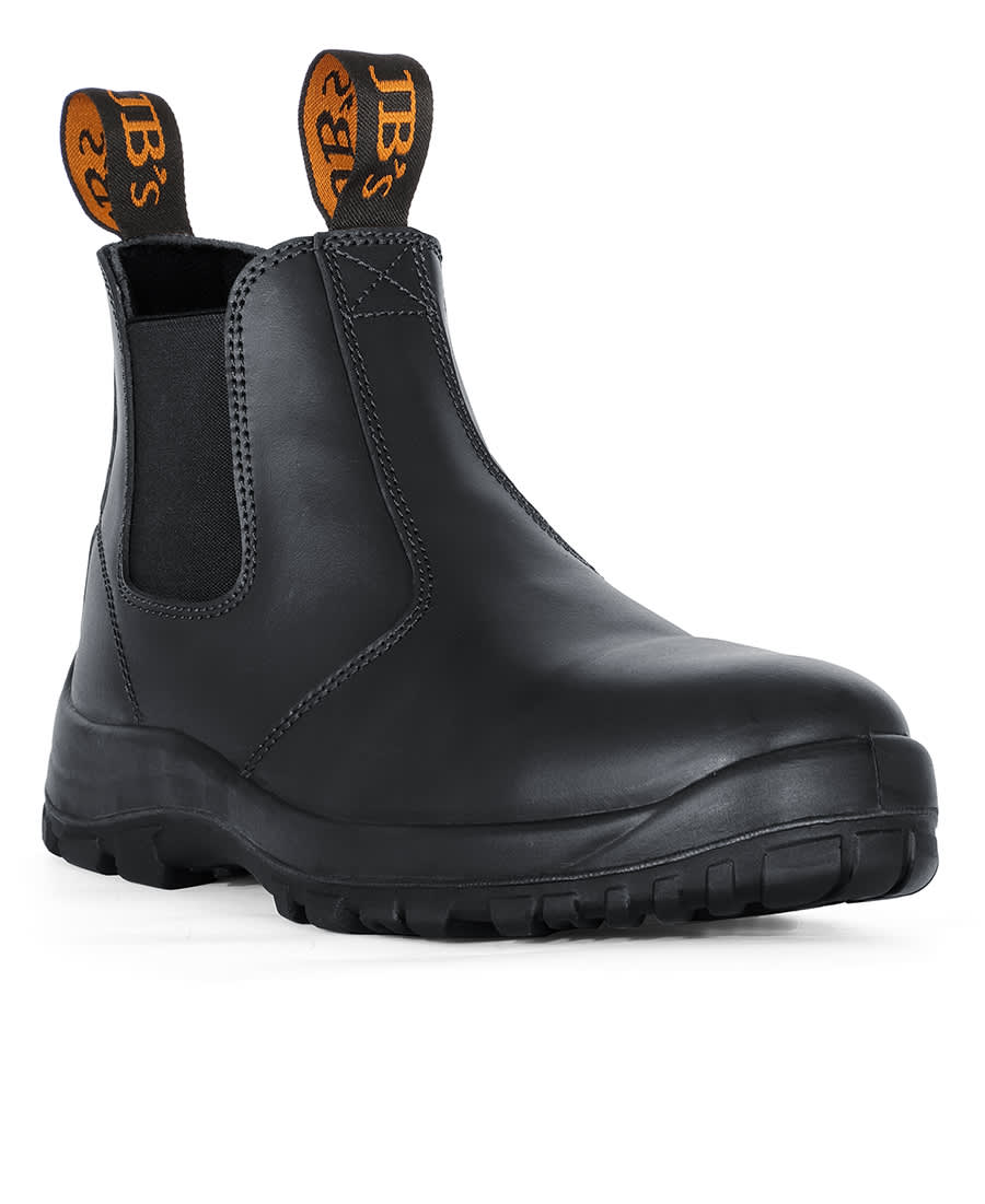 A black soft toe boot with elastic side panels and pull tabs, featuring a rubber sole and a logo on the pull tabs. JB's Traditional Soft Toe Boot - Image 1