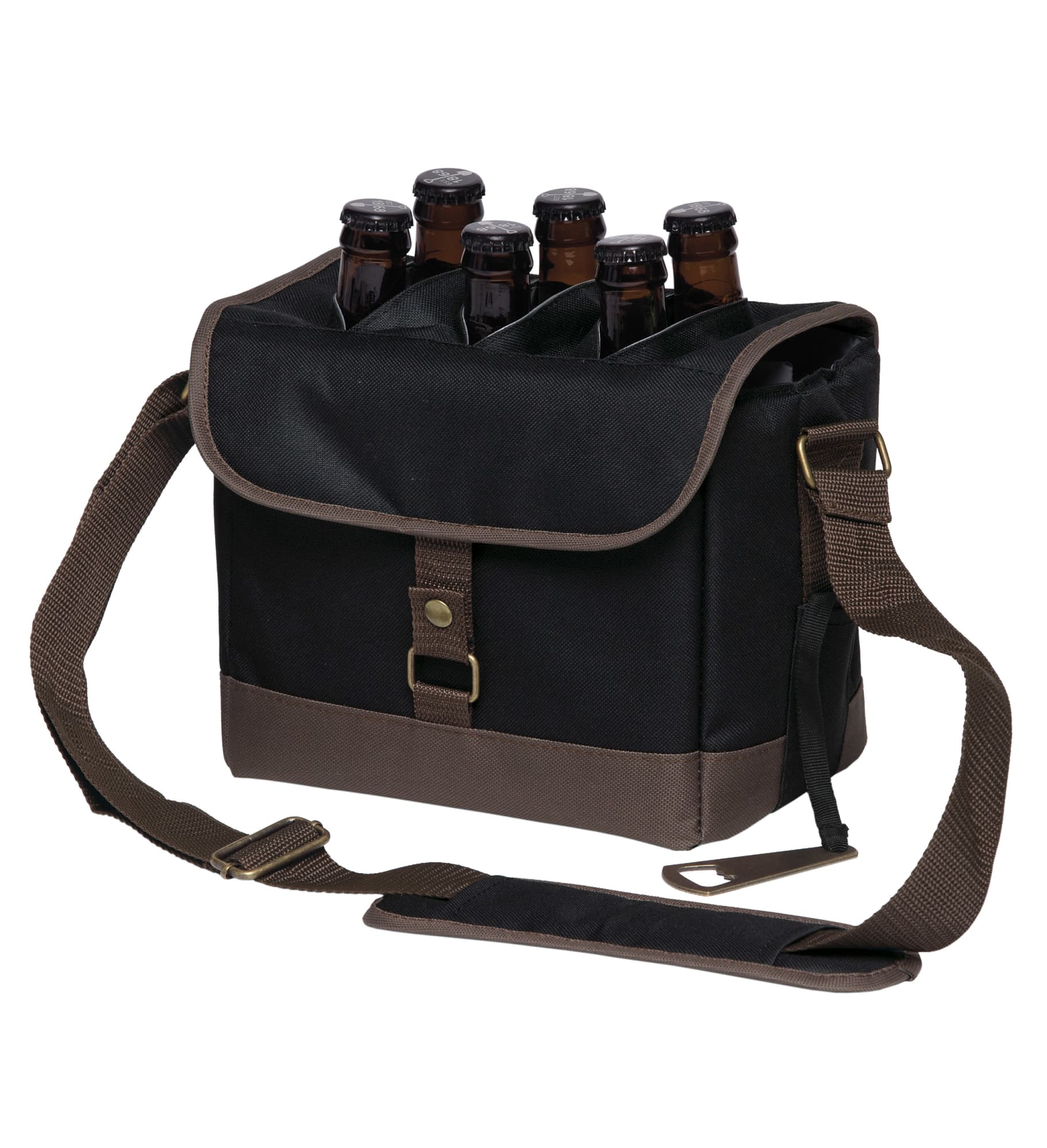 A drink bottle cooler in black and brown, featuring a shoulder strap and compartments for holding multiple bottles. Bottle Caddy Cooler - Image 1