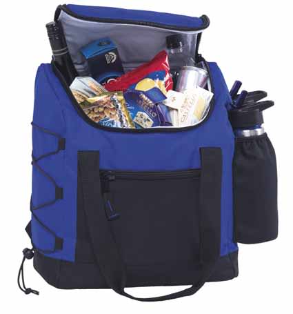 A blue and black bag filled with snacks, drinks, and a drink bottle, featuring multiple pockets and a zippered top. Cool Runner - Image 1