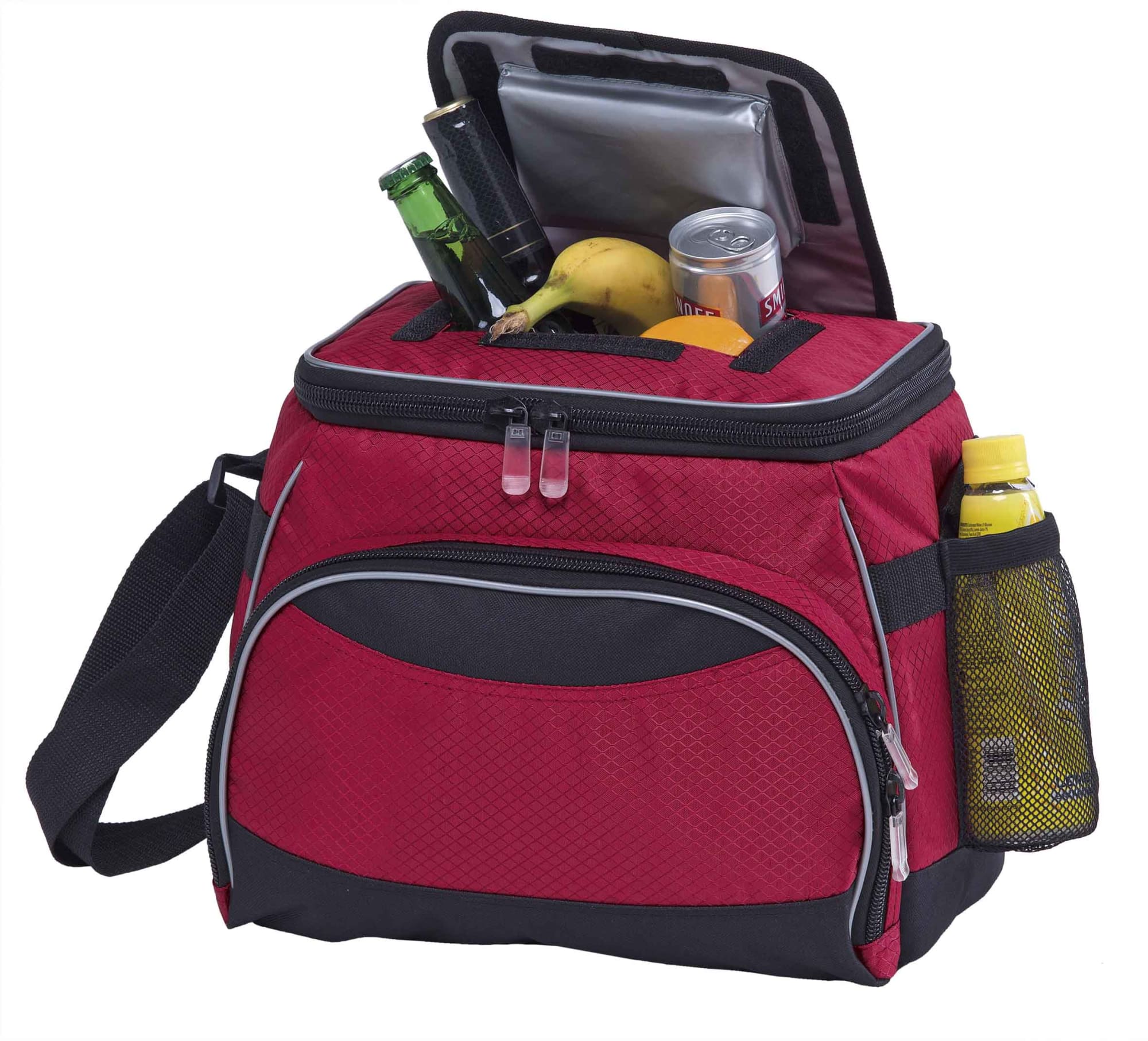 A red cooler bag with a black base, filled with drinks and a banana, featuring a side mesh pocket and zipper. Encore Cooler - Image 1