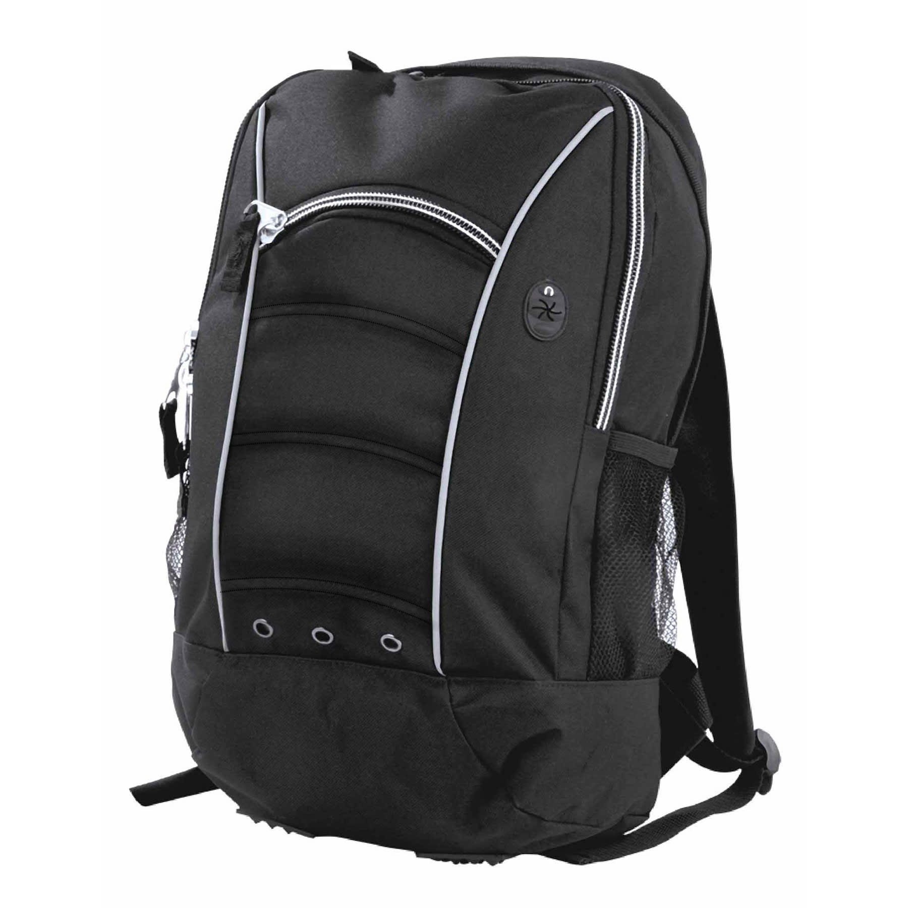 A black backpack featuring padded sections, zippered compartments, and mesh side pockets, with a logo on the front. Fluid Backpack - Image 1