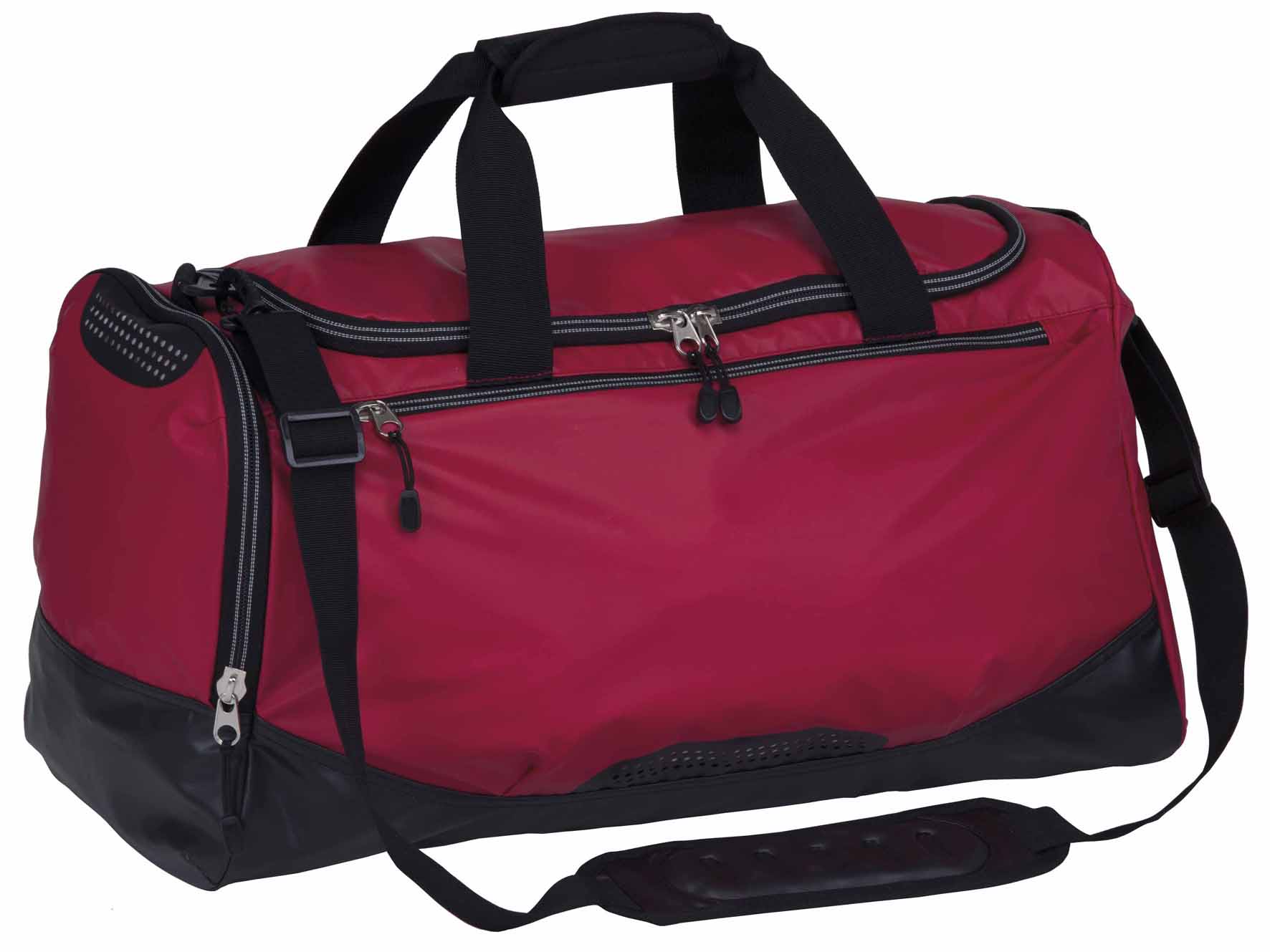 A red and black duffle bag with multiple compartments and a shoulder strap, featuring a logo. Hydrovent Sports Bag - Image 1