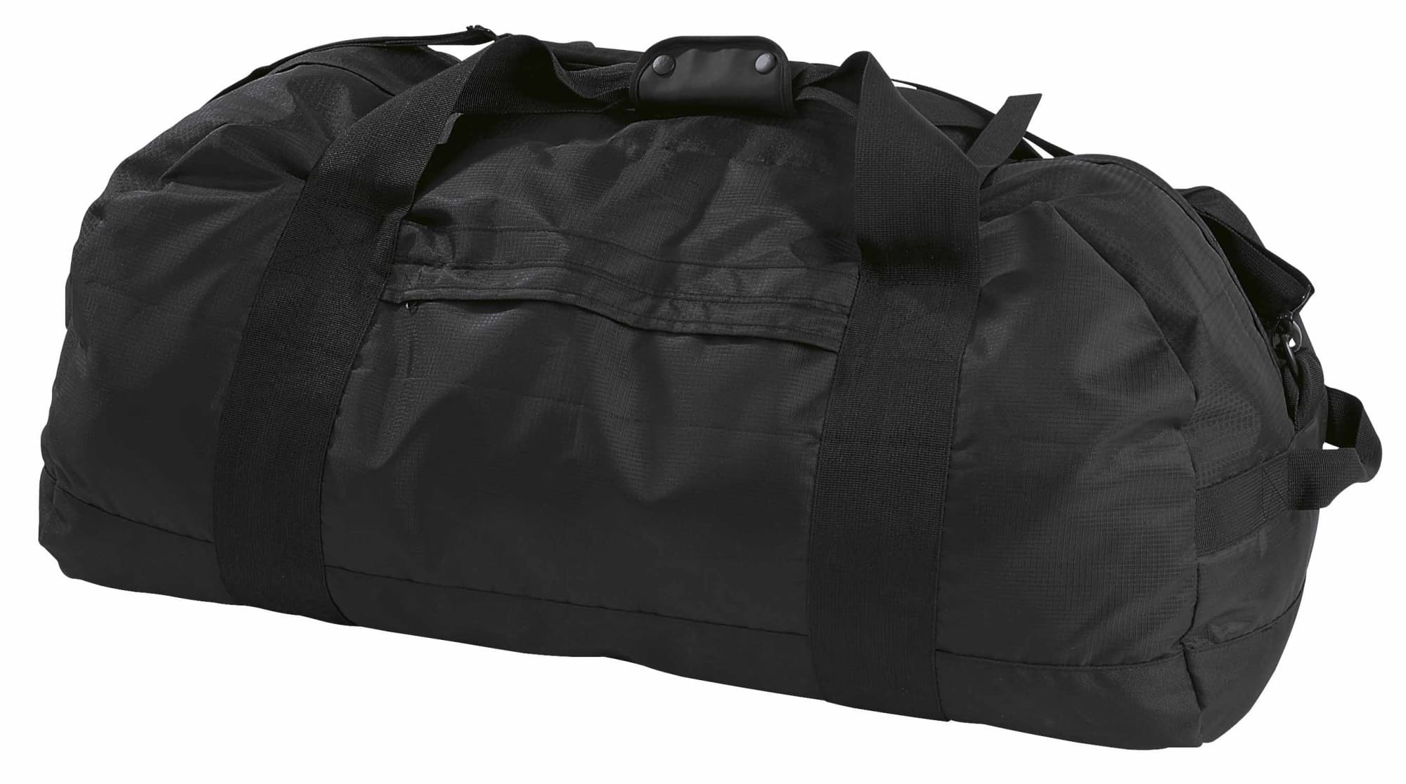 A black duffle bag with sturdy handles and a zippered pocket, featuring a simple logo on the side. Kodiak Sports Bag - Image 1