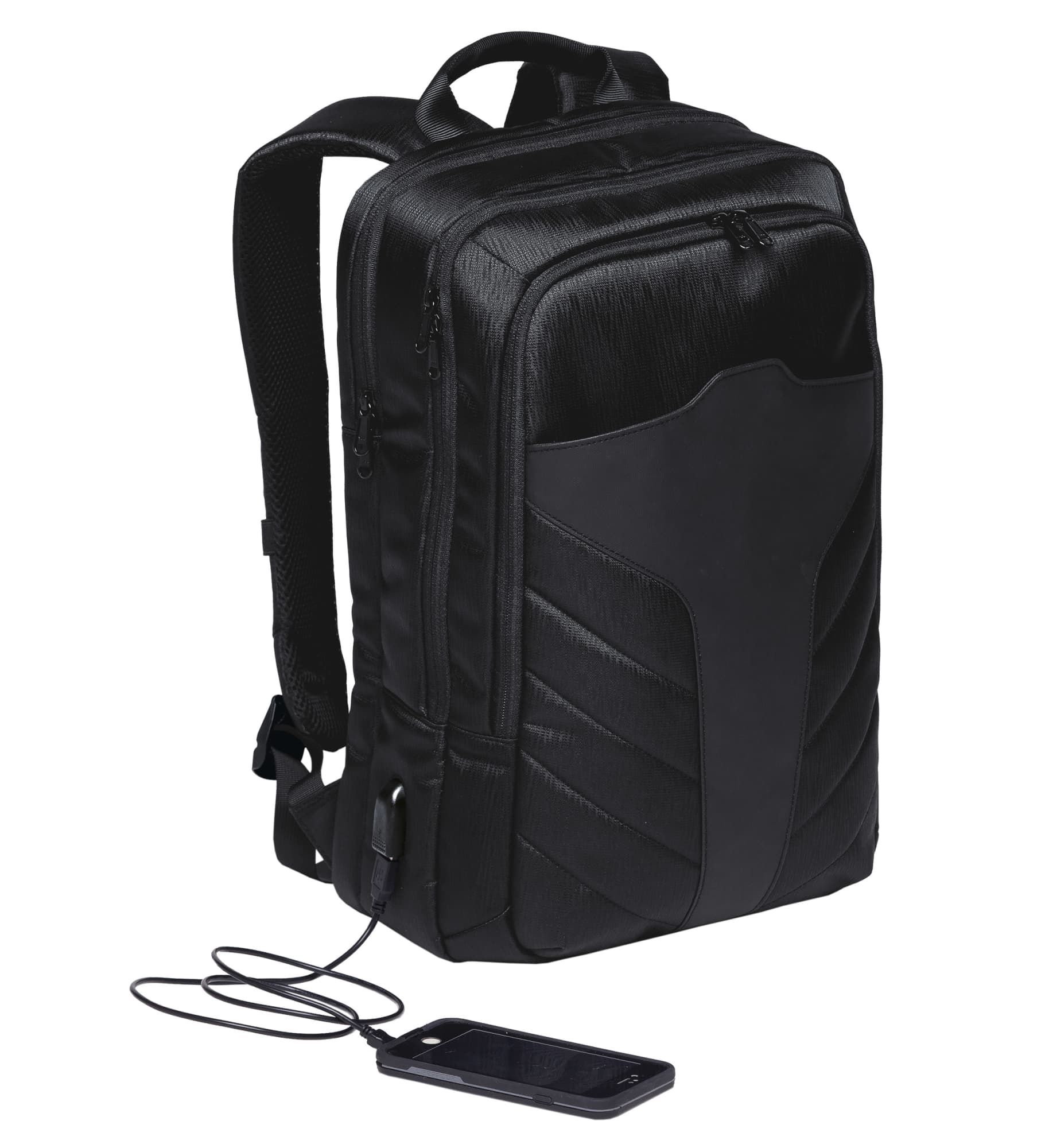 A black backpack with a sleek design, featuring a logo and a mobile charging port at the front. Portal Compu Backpack - Image 1