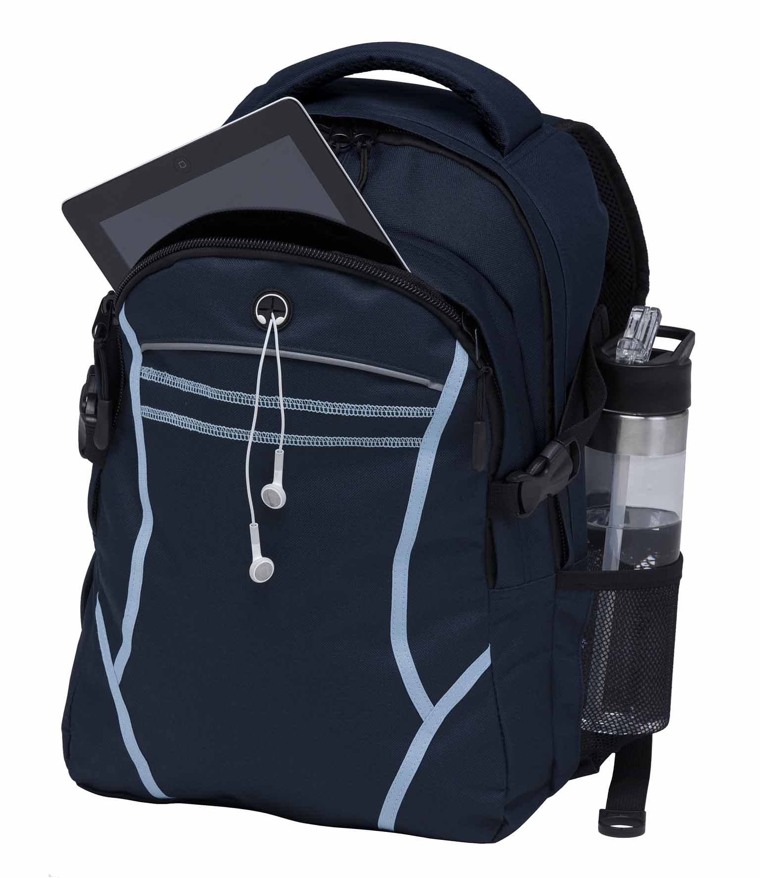 A navy backpack features a front pocket, headphone port, and a side mesh pocket with a drink bottle. An iPad is inside. Reflex Backpack - Image 1
