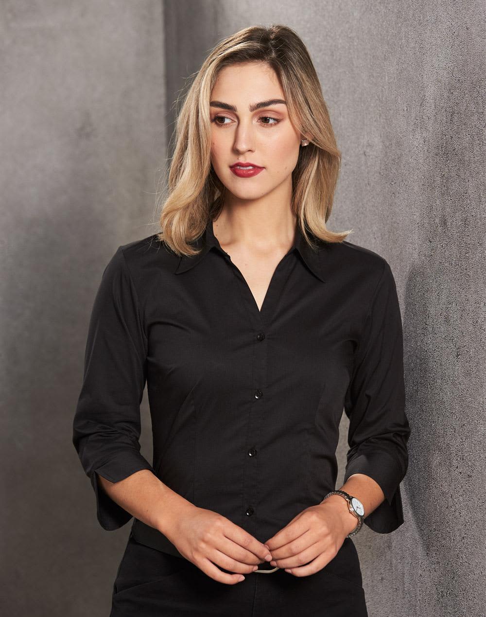 A black women's button-up shirt with 3/4 sleeves, featuring a collar and a logo. Ladies' 3/4 sleeve teflon shirt - Image 1