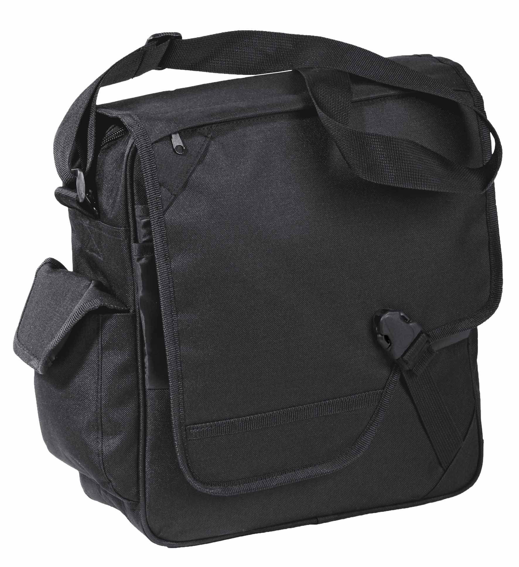A black messenger bag with a flap, adjustable strap, and side pockets, featuring a simple design and logo. Satellite Messenger Bag - Image 1