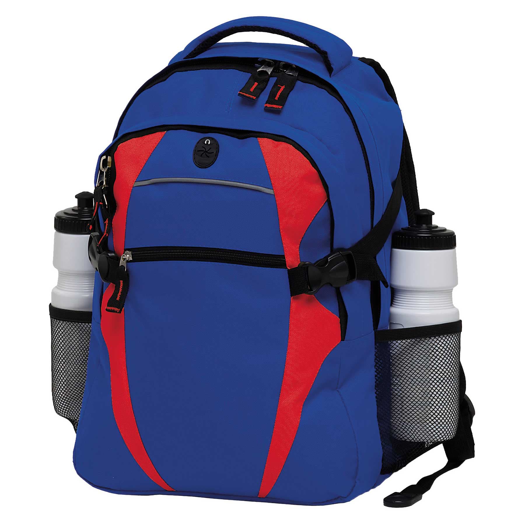 A blue and red backpack featuring two side pockets, each holding a white drink bottle. It has a logo on the front. Spliced Zenith Backpack - Image 1