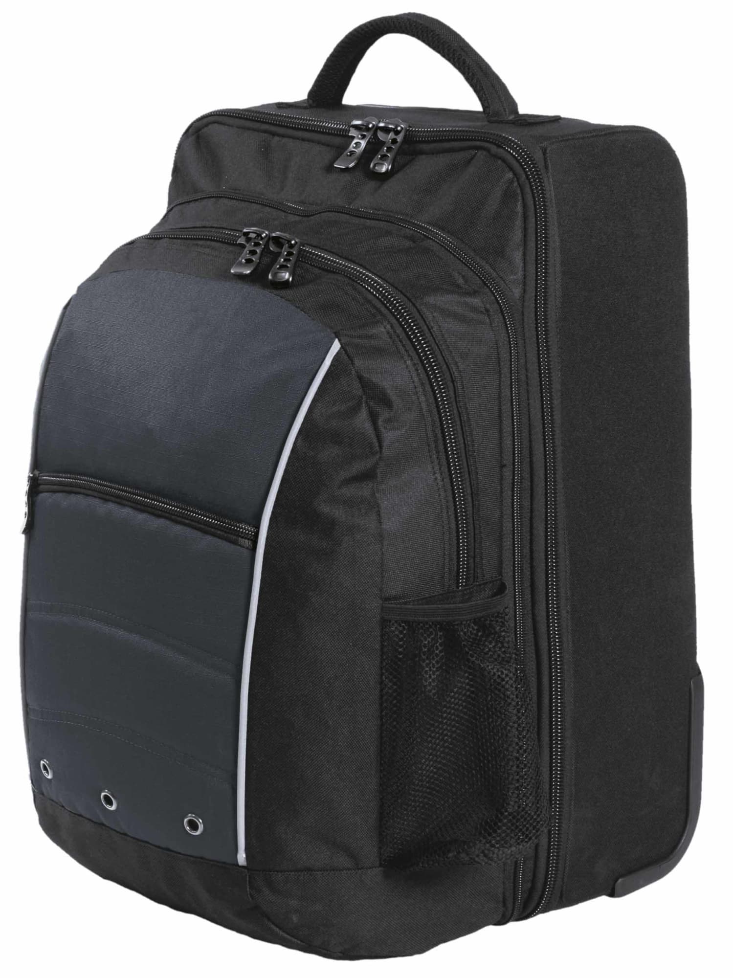 A wheeled travel bag in black with a grey front panel, featuring multiple zippered compartments and a side mesh pocket. Transit Travel Bag - Image 1