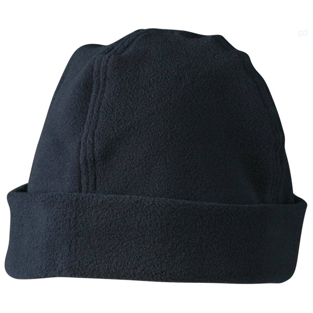 A polar fleece beanie in black, featuring a fold-up brim and a seamless top design. It has a logo. Polar fleece beanie - Image 1