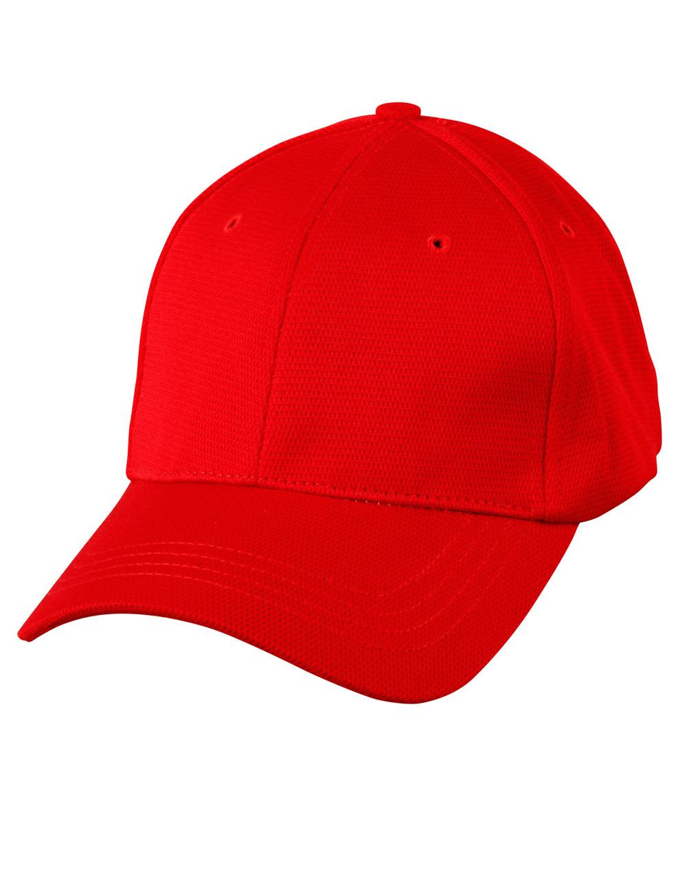 A red pique mesh structured cap featuring a curved brim and an adjustable strap at the back. It includes a logo. Pique mesh structured cap. - Image 1