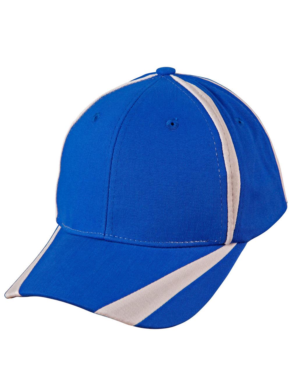 A blue brushed cotton twill baseball cap with white contrast detailing and a logo on the front. Brushed cotton twill baseball cap "X" contrast - Image 1