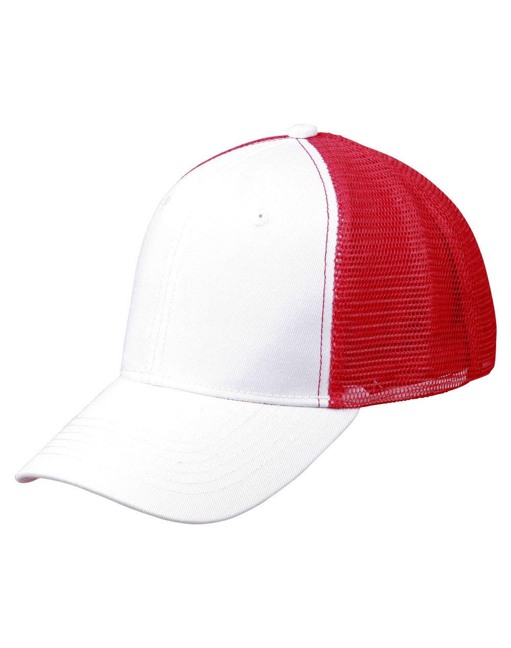 A white and red trucker cap made of premium cotton twill, featuring a mesh back and a logo. Premium Cotton Twill Trucker Cap - Image 1