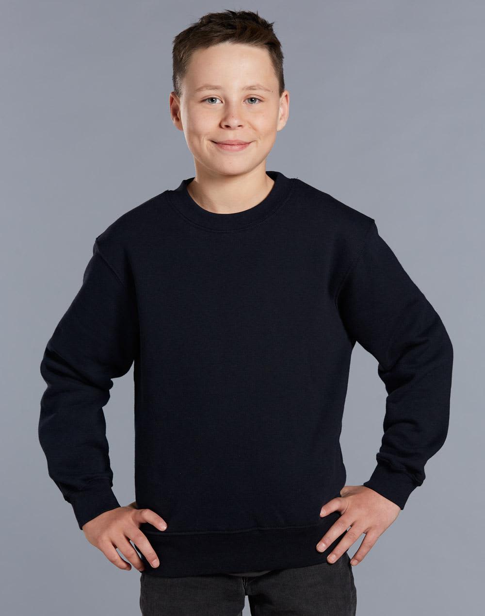 A dark navy kids' crew neck fleecy sweater, featuring a simple design and ribbed cuffs and hem. Kids Crew Neck Fleecy Sweater - Image 1