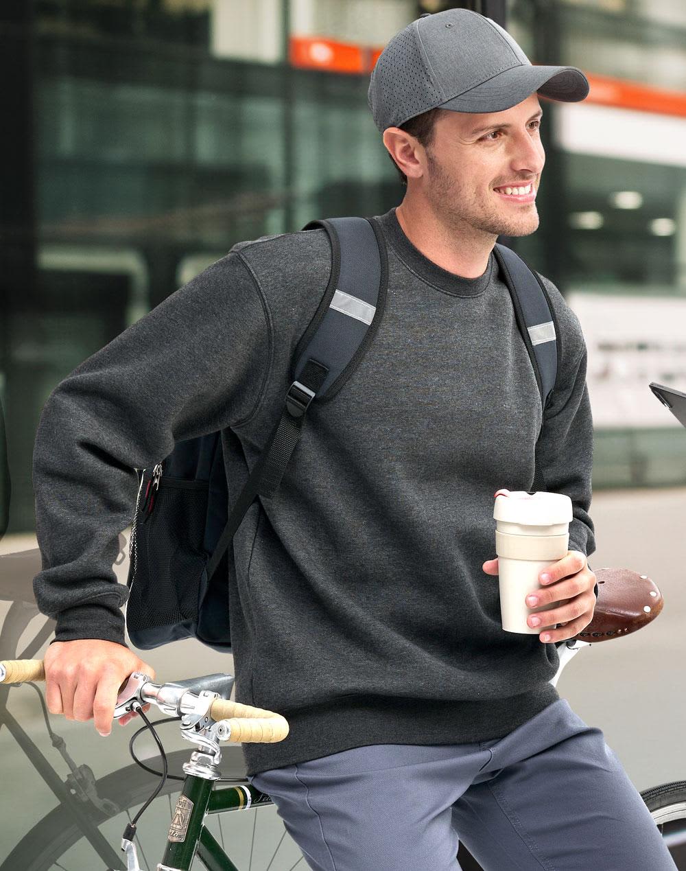A black crewneck sweatshirt worn by a woman and a man, featuring a simple design and a logo. American style crewfleecy sweat - Image 1
