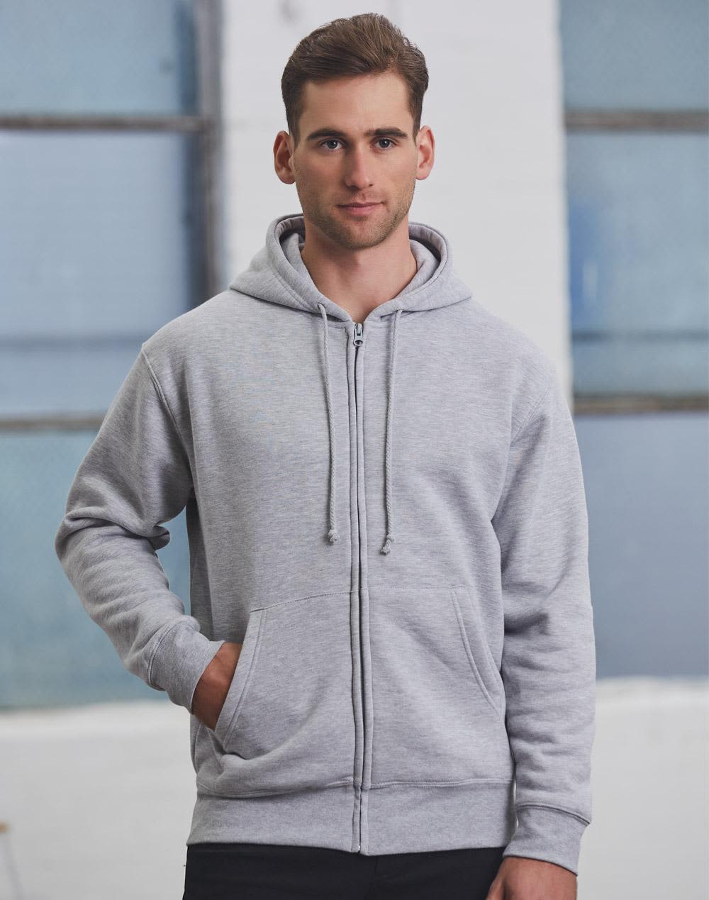 A men's full-zip fleecy hoodie in light grey, featuring a hood and front pockets, with a small logo. Men's full-zip fleecy hoodie - Image 1