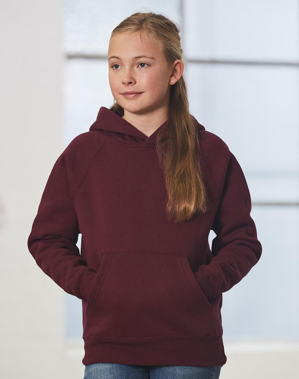 A maroon kids' fleece hoodie with a front pocket and a hood, worn by a girl with long hair. Kids' Fleece Hoodie - Image 1