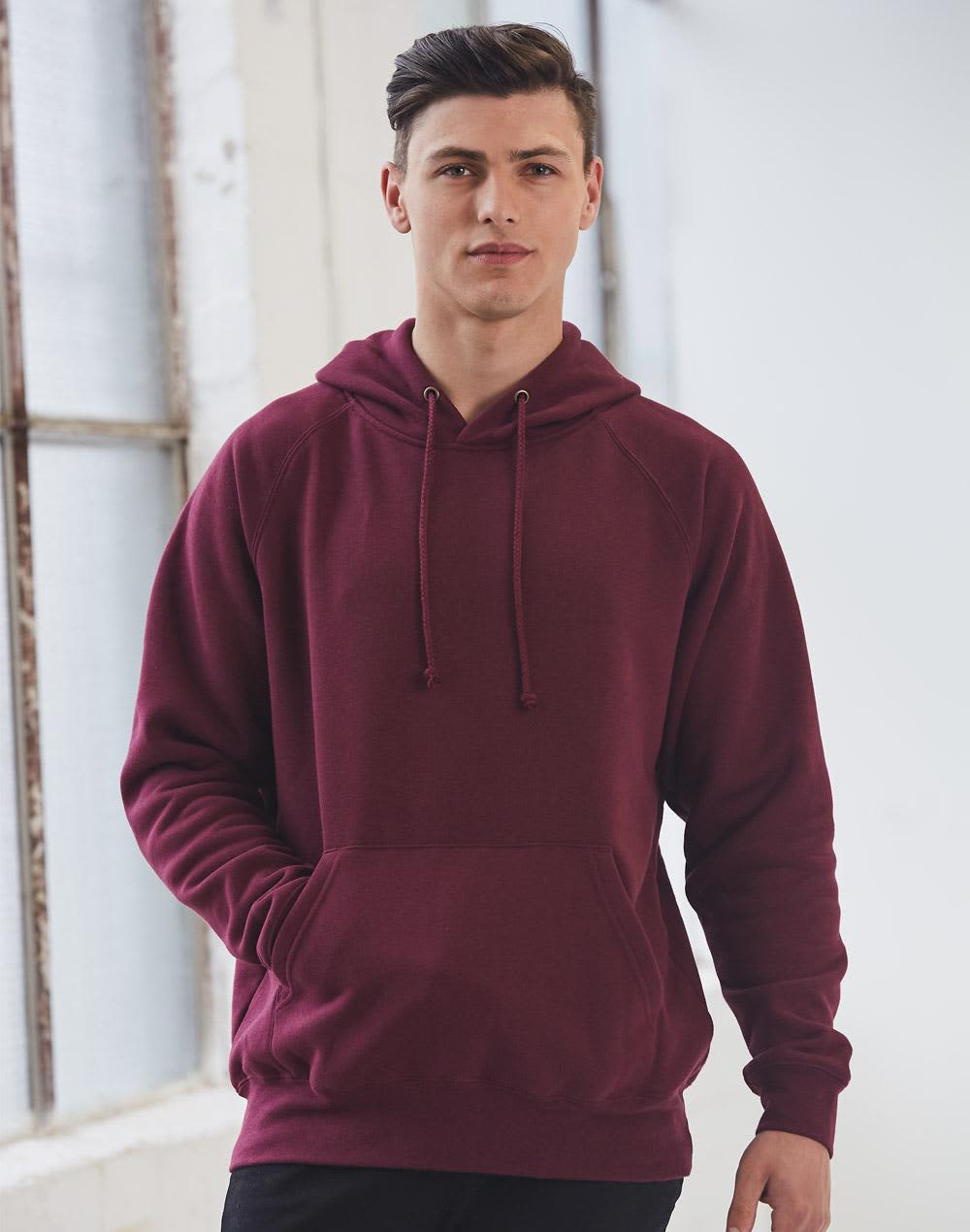 A maroon men's fleecy hoodie with a front pocket and an adjustable drawstring hood, featuring a logo. Men's Fleecy Hoodie - Image 1