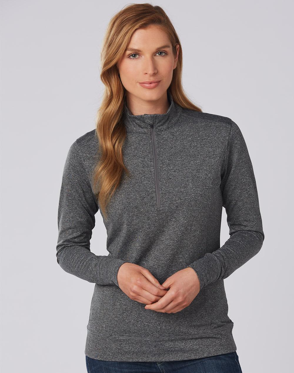 A grey ladies' half zip long sleeve sweat top displayed on a model against a neutral background. Ladies' Half Zip L/S Sweat Top - Image 1