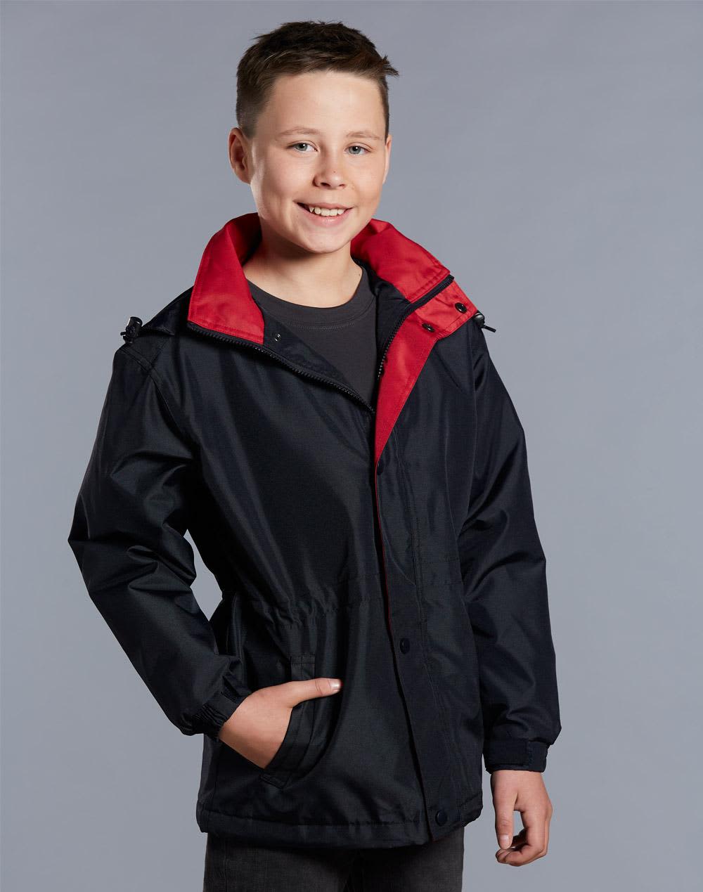 A kids' varsity jacket in black with a red collar, featuring a logo and a drawstring waistband. STADIUM, Kids' Contrast jacket - Image 1
