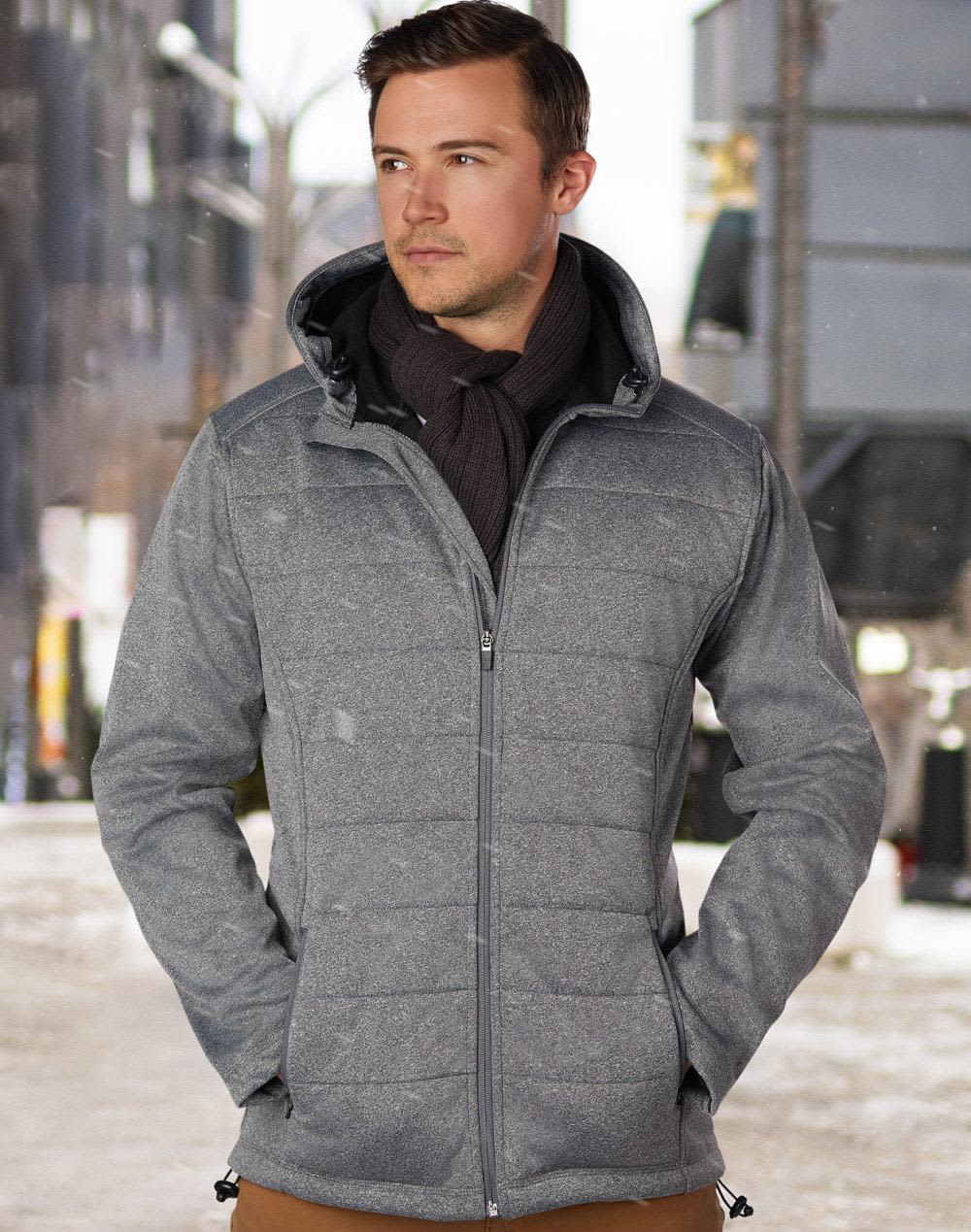 A men's cationic quilted jacket in shades of grey, featuring a zip front and a hood. The model wears a scarf. Men's Cationic Quilted Jacket - Image 1