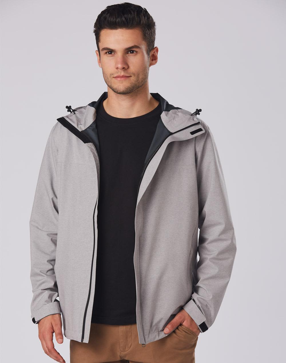 A grey waterproof performance jacket featuring a hood, worn by a model against a plain background. Men's Waterproof Performance Jacket - Image 1