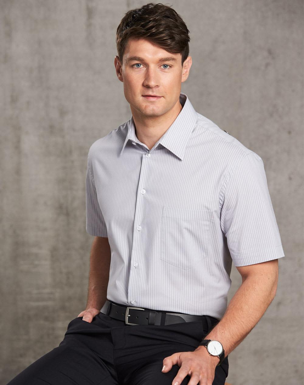 A short-sleeved button-up shirt with a light grey ticking stripe pattern, featuring a collar and a logo. Men's Ticking Stripe S/S Shirt - Image 1