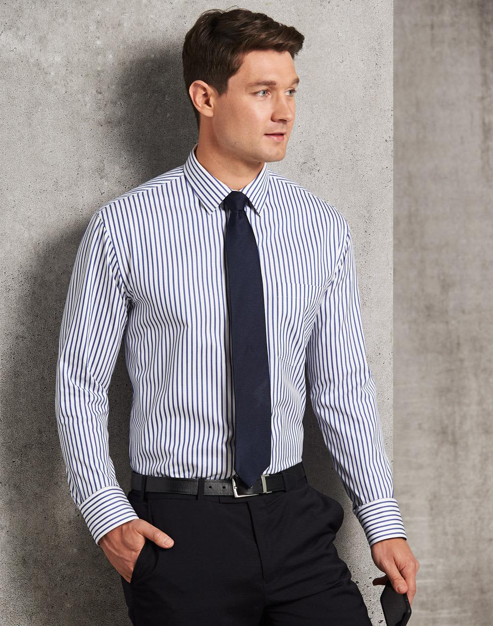 A men's long sleeve button-up shirt featuring navy and white sateen stripes, complemented by a dark tie and belt. Men's Sateen Stripe L/S Shirt - Image 1