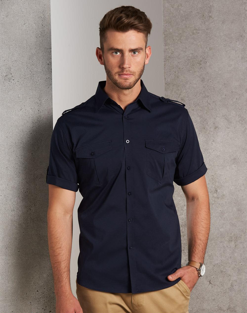 A men's short sleeve military shirt in navy with button-up front and two chest pockets, featuring a logo. Men's Short Sleeve Military Shirt - Image 1