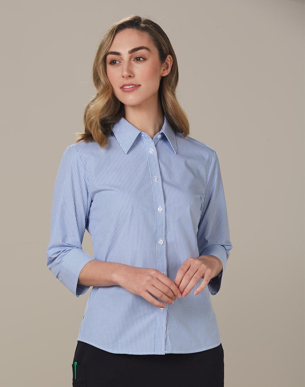 A women's button-up shirt featuring blue and white stripes and 3/4 sleeves, with a collar and a logo. Women's Balance Stripe 3/4 Sleeve Shirt - Image 1