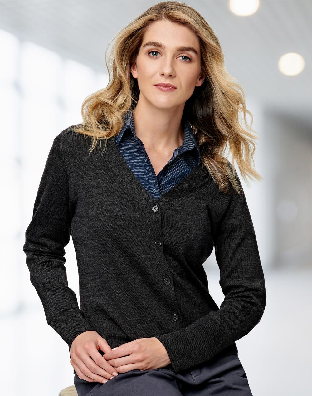 A long-sleeved women's cardigan made of 100% Merino wool in dark grey, featuring a button-up front and a v-neckline. Women's 100% Merino Wool L/S Cardigan - Image 1