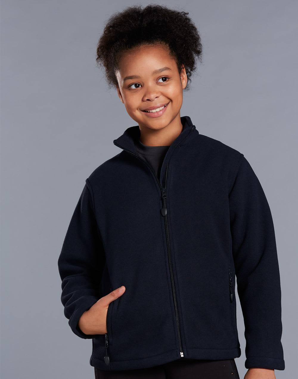A black polar fleece jacket for kids with a full zip and zippered pockets, featuring a logo on the chest. kids bonded P/F full zip jacket - Image 1