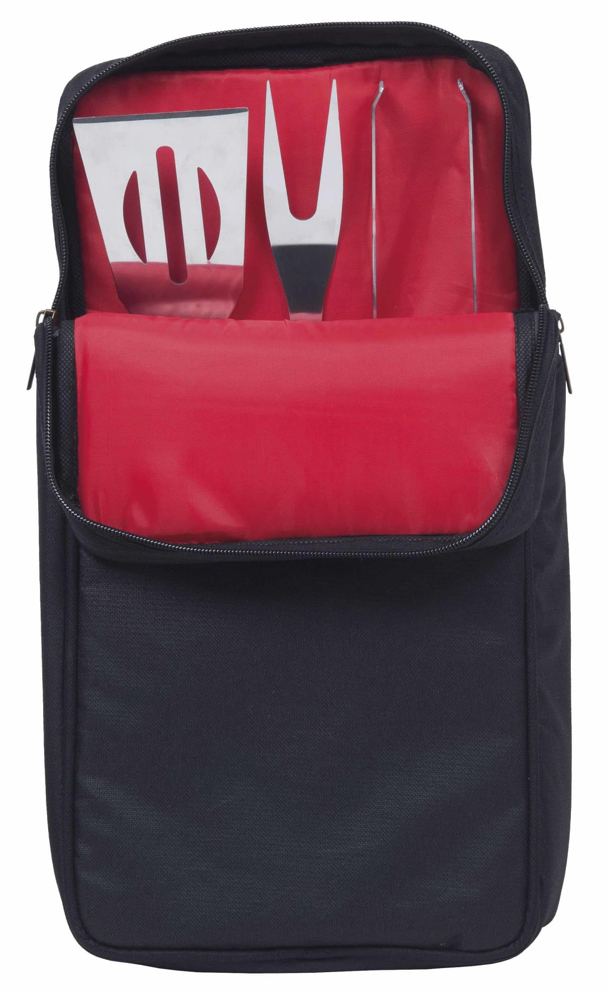 A BBQ grill tool set in a black storage case, featuring metal tools on a red background. BBQ Grill Tool Set - Image 1