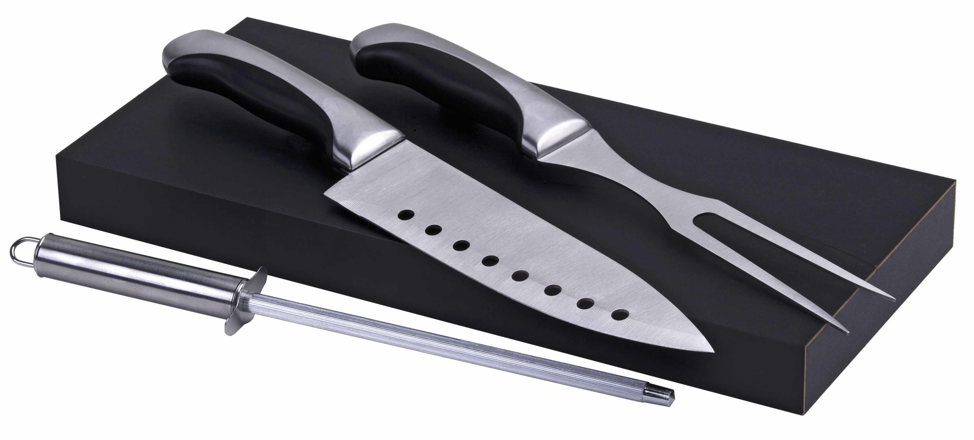 A stainless steel carving set featuring a knife, fork, and honing steel on a black wooden base. Carving Set - Image 1