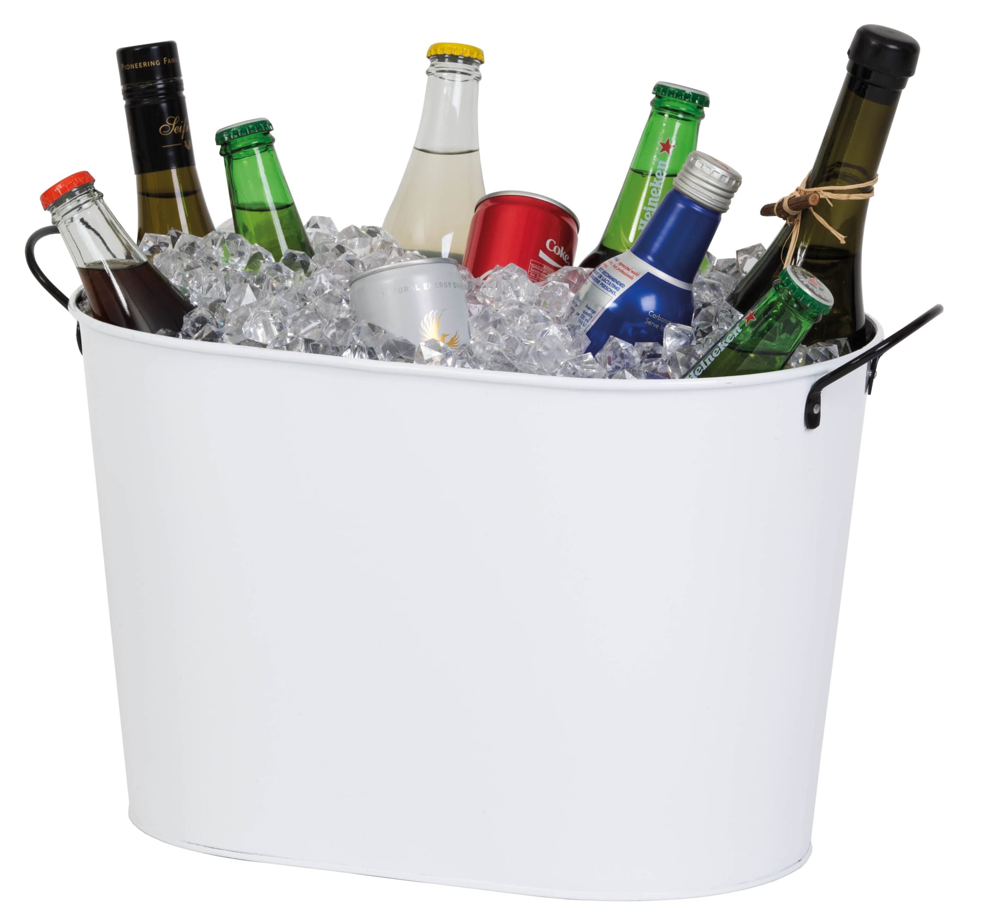A white ice bucket filled with ice and various bottles, including beers and soft drinks. It has one logo visible. Event Ice Bucket - Image 1