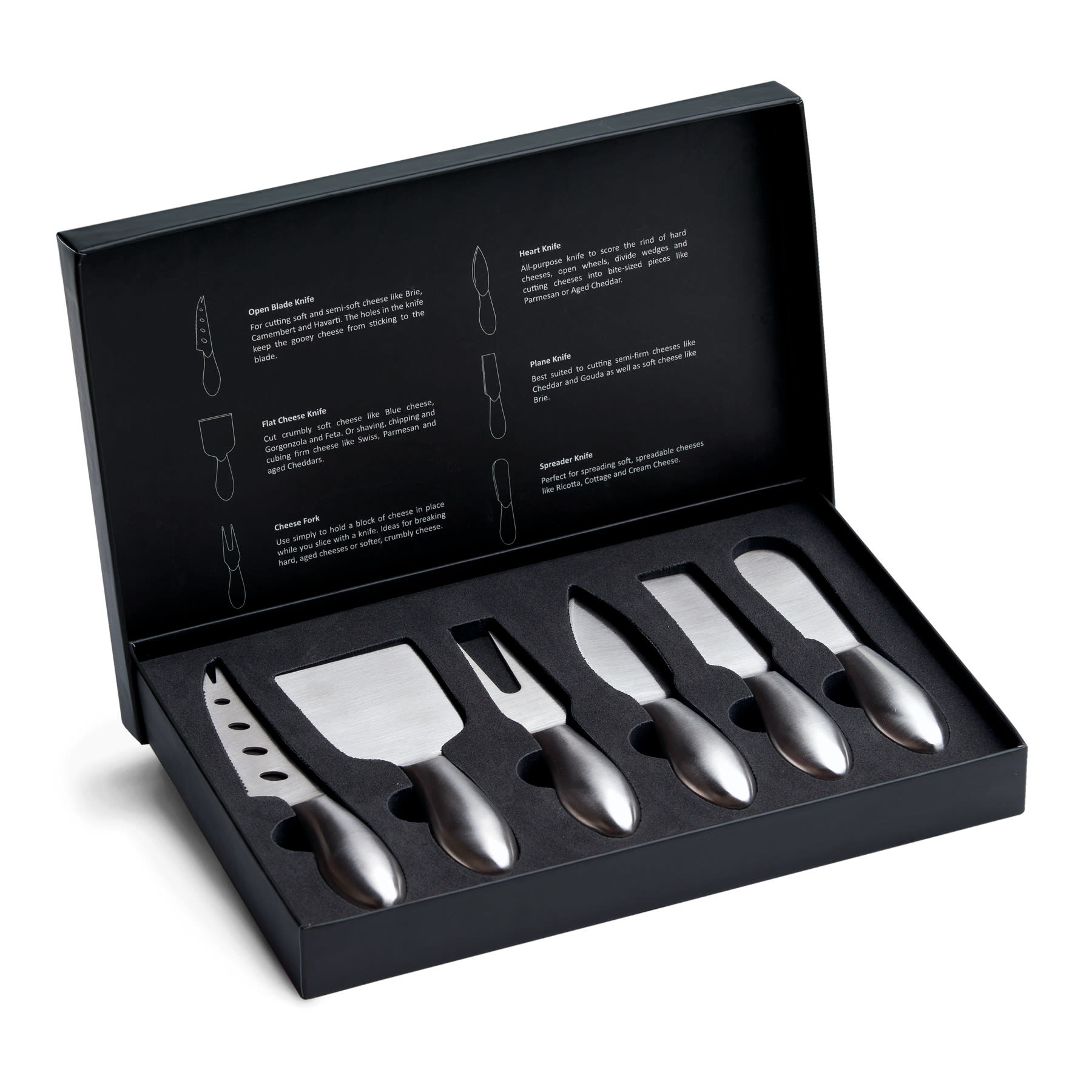 A six-piece cheese knife set in a sleek black box, featuring various stainless steel knives for cheese serving. Formaggio Cheese Knife 6 pcs Set - Image 1