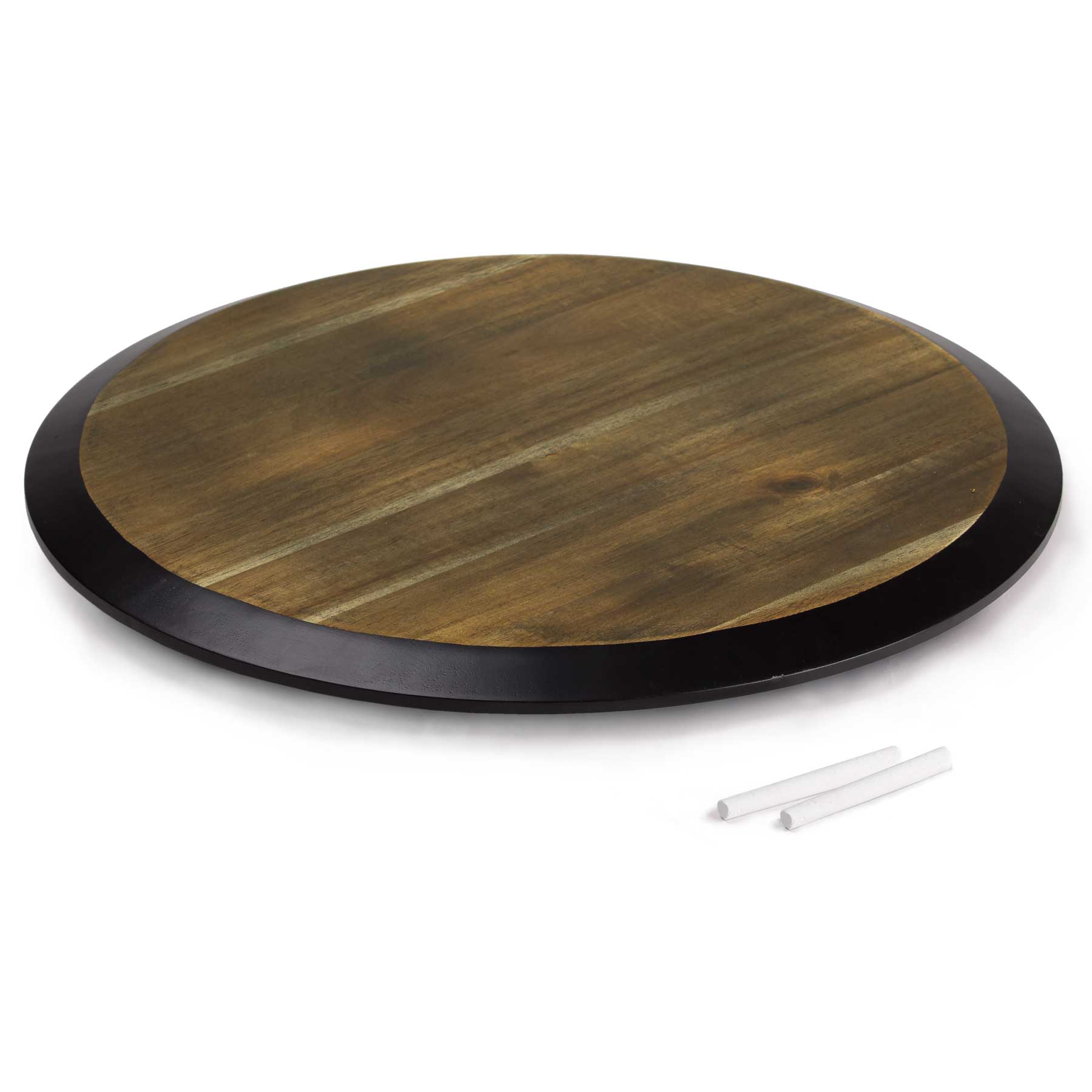 A round wooden Lazy Susan with a dark border, featuring a rustic finish and accompanied by two small stabilising pads. Squisito Lazy Susan - Image 1