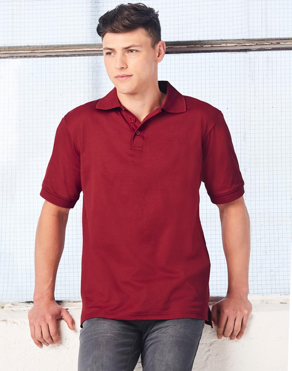 A maroon polo shirt with a collar, featuring short sleeves and a logo on the chest. Men's Cotton Back Truedry S/S Polo - Image 1