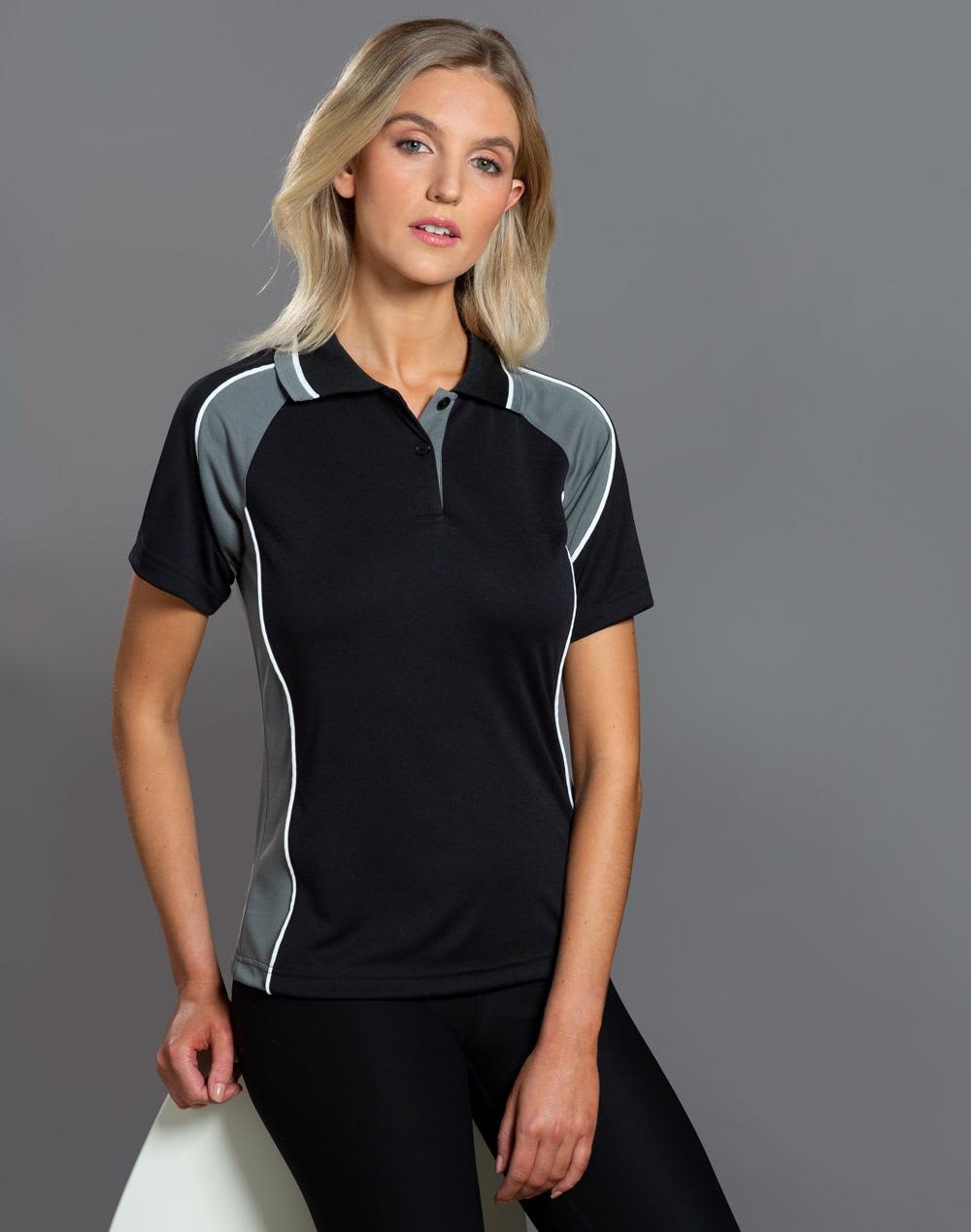 A black and grey Ladies' Mascot Polo shirt with a logo, featuring contrasting side panels and a collar. Ladies' mini waffle CoolDry Polo - Image 1