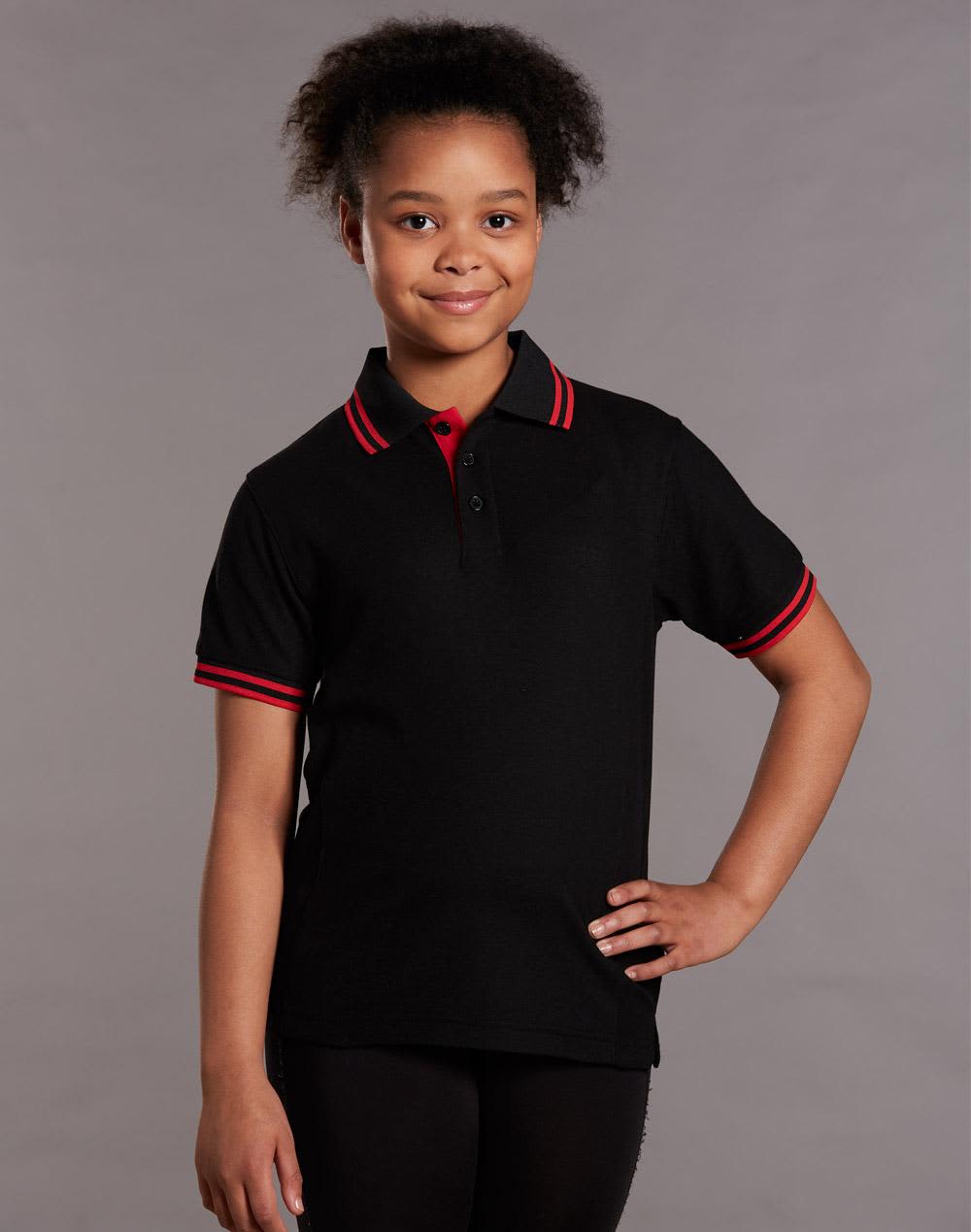 A black kids' polo shirt featuring red collar and sleeve trims, displaying a logo. Kids' Truedry Contrast S/S Polo - Image 1