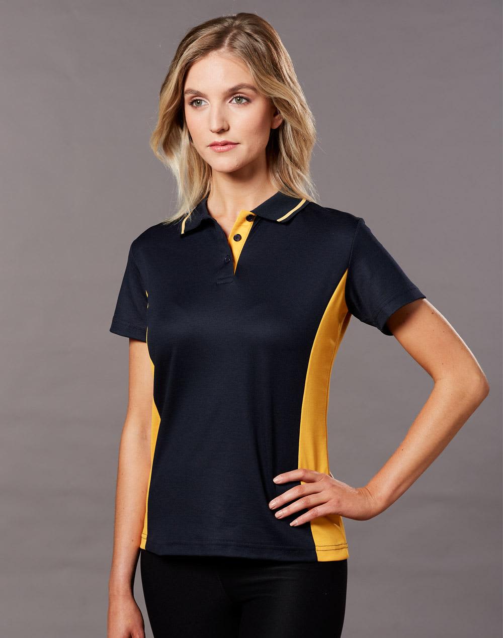 A navy and yellow women's polo shirt featuring short sleeves and a branded logo. Ladies' TrueDry Contrast S/S Polo - Image 1