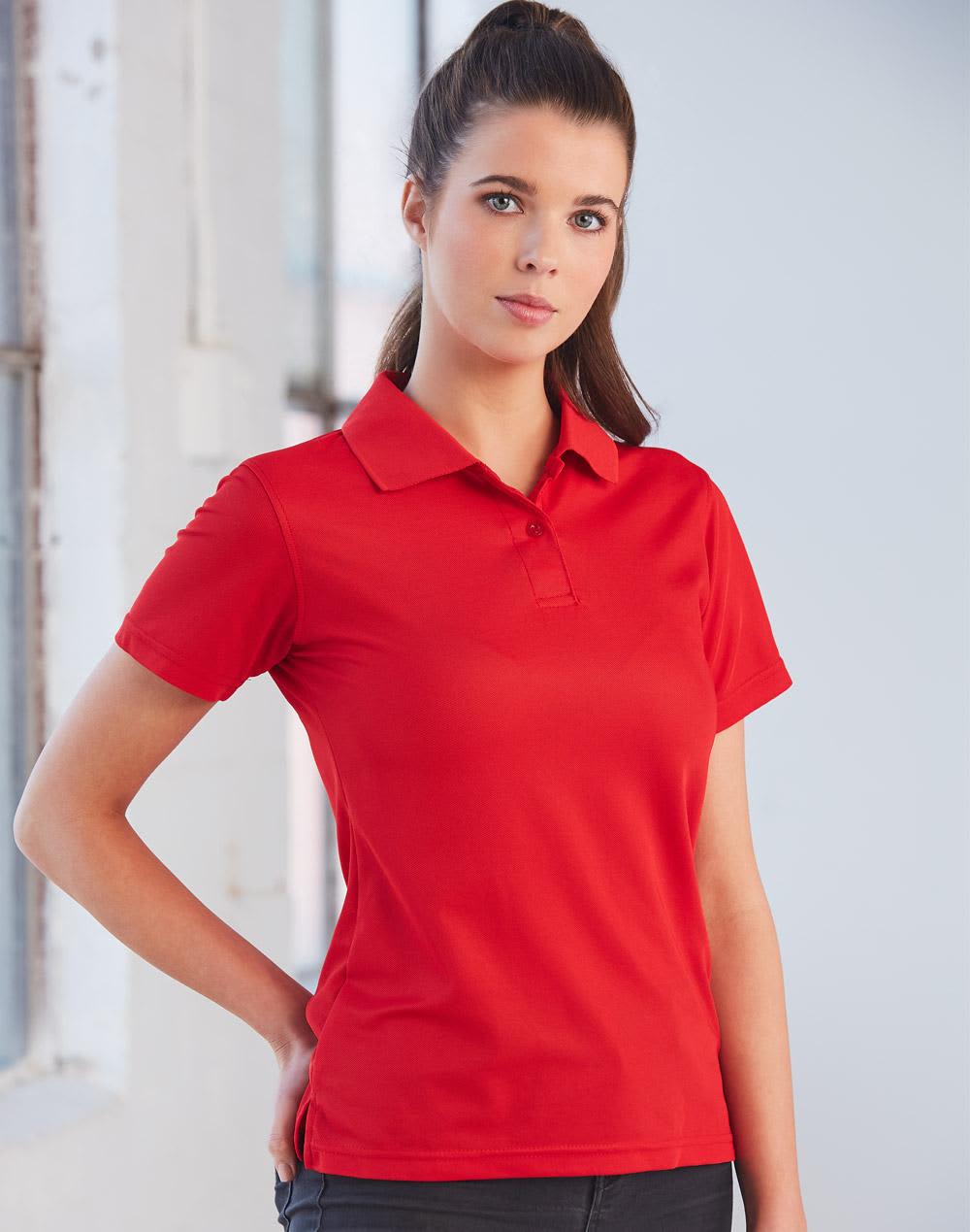 A red short-sleeved polo shirt for ladies, featuring a classic collar and a branding logo. Ladies' Cooldry Pique Soild Colour S/S Polo - Image 1
