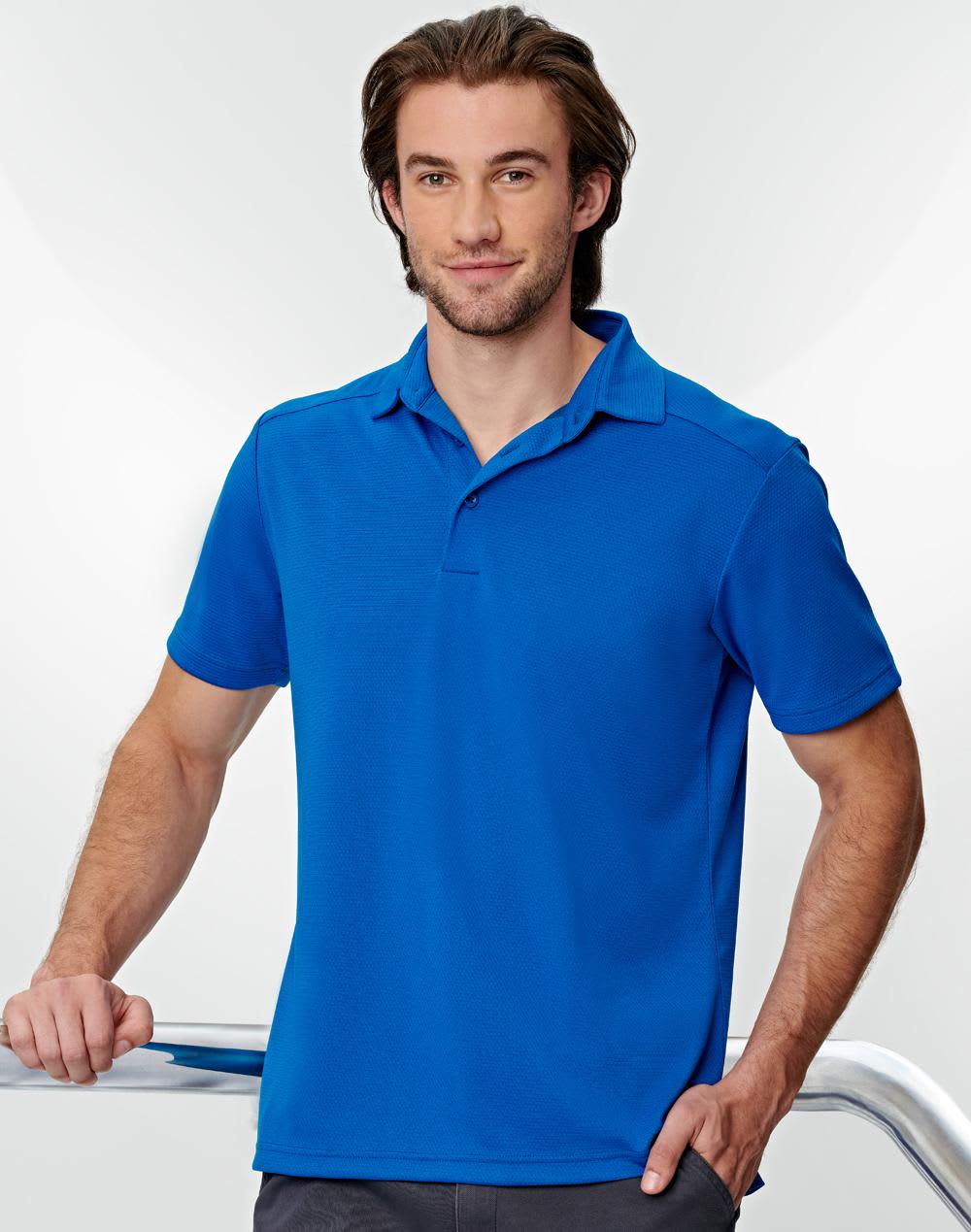 A blue men's polo shirt made from bamboo charcoal, featuring a collar and short sleeves. Includes a logo. Men's Bamboo Charcoal Corporate S/S Polo - Image 1