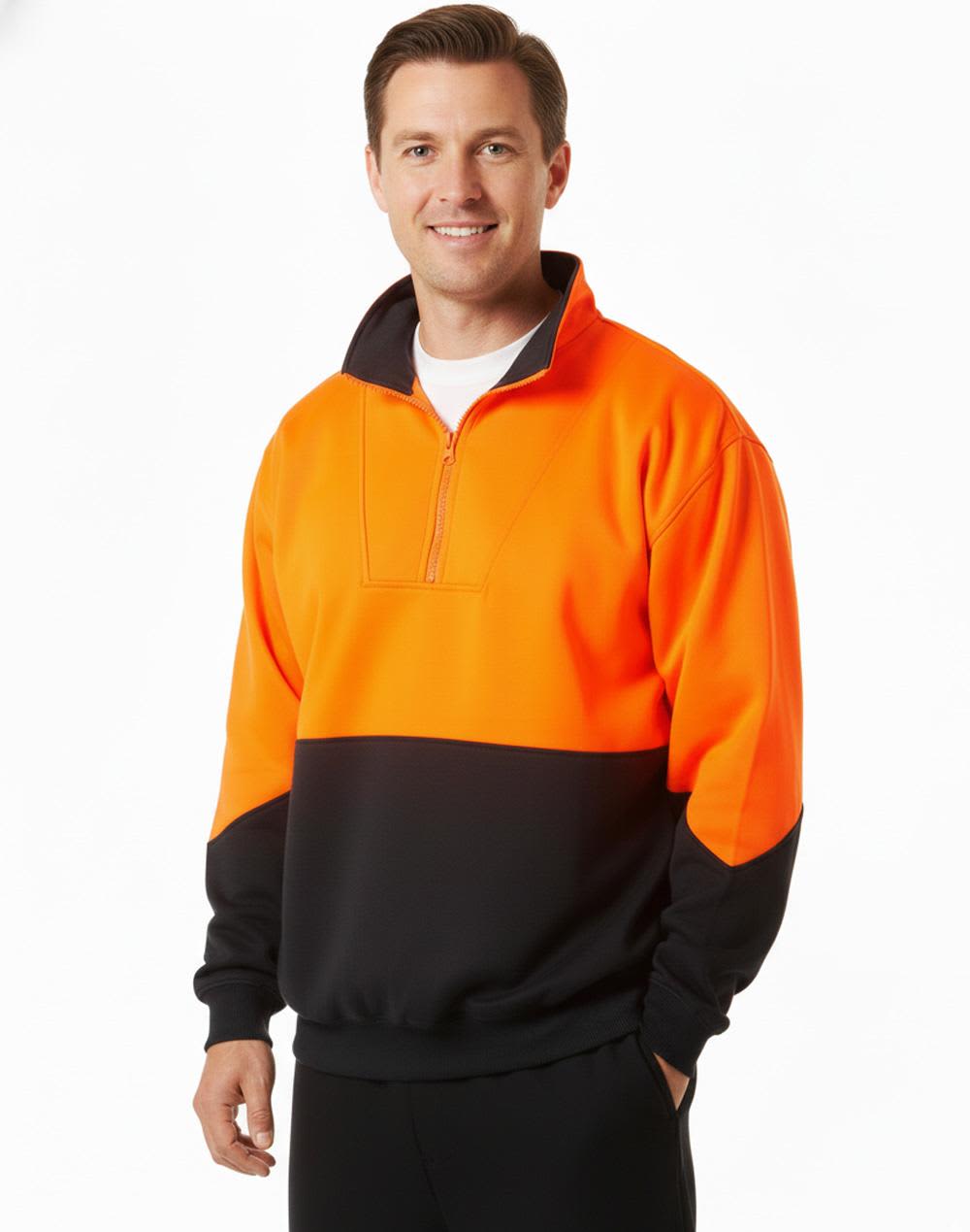 A high-visibility long-sleeve windcheater collar in orange and black, worn by a smiling man. The design includes a zip and a logo. Hi-Vis L/S windcheater collar - Image 1