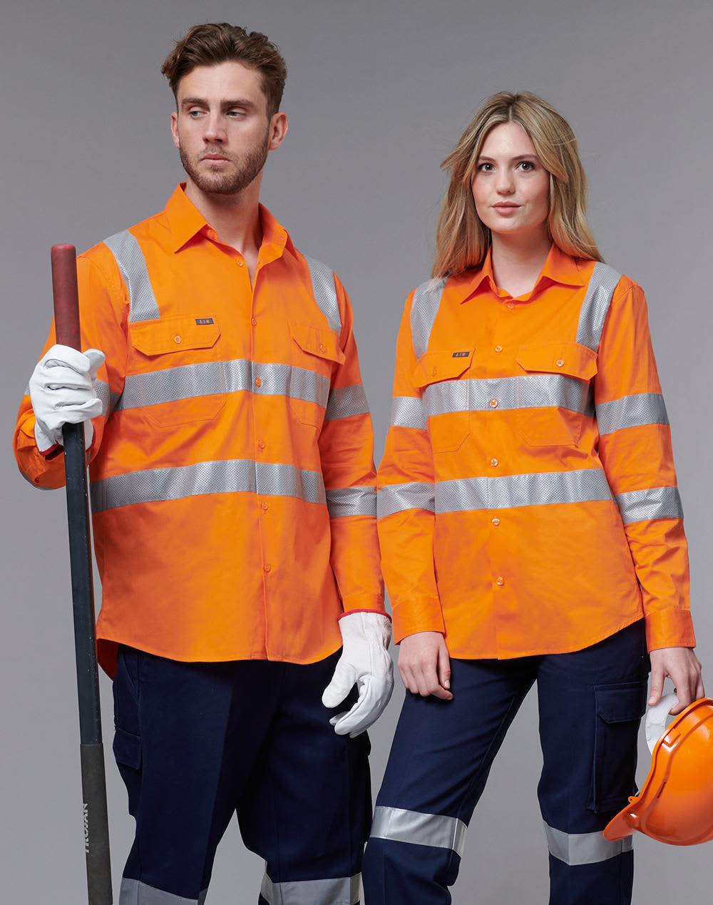 Two models wear orange safety shirts with silver reflective stripes, standing against a neutral background. Biomotion VIC Rail Safety Shirt - Image 1