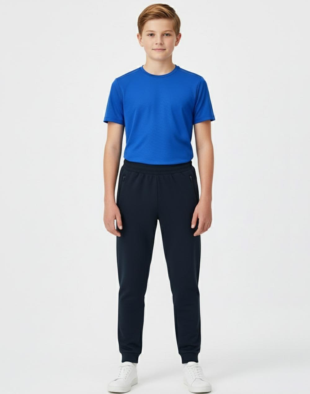 A boy wearing a red long-sleeve polo and black poly/cotton terry sweat pants, standing against a plain background. Kids' Poly/Cotton Terry Sweat Pants - Image 1