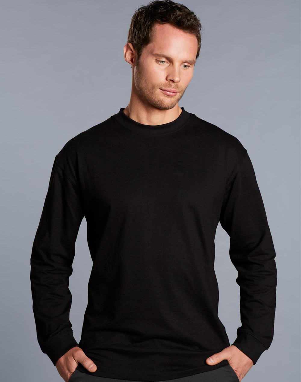 A black men's long sleeve crew neck T-shirt displayed on a model against a grey background. It has a subtle logo. mens cotton crew neck L/S tee - Image 1