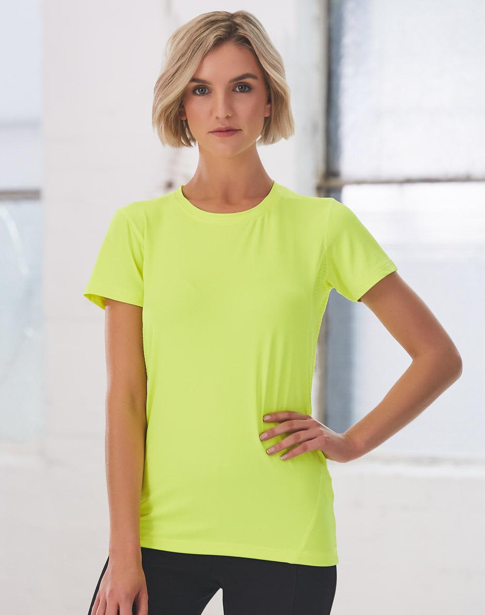 A fitted ladies' t-shirt in bright yellow, featuring short sleeves and a subtle logo. Ladies' Cooldry Stretch Tee - Image 1