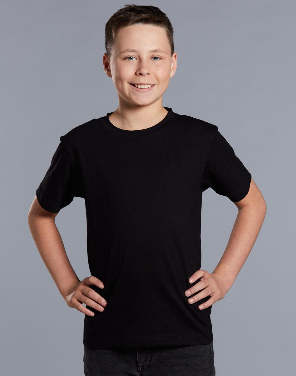 A black semi-fitted cotton t-shirt designed for kids, displayed on a smiling child with hands on hips. Kid's Cotton Semi Fitted Tee - Image 1