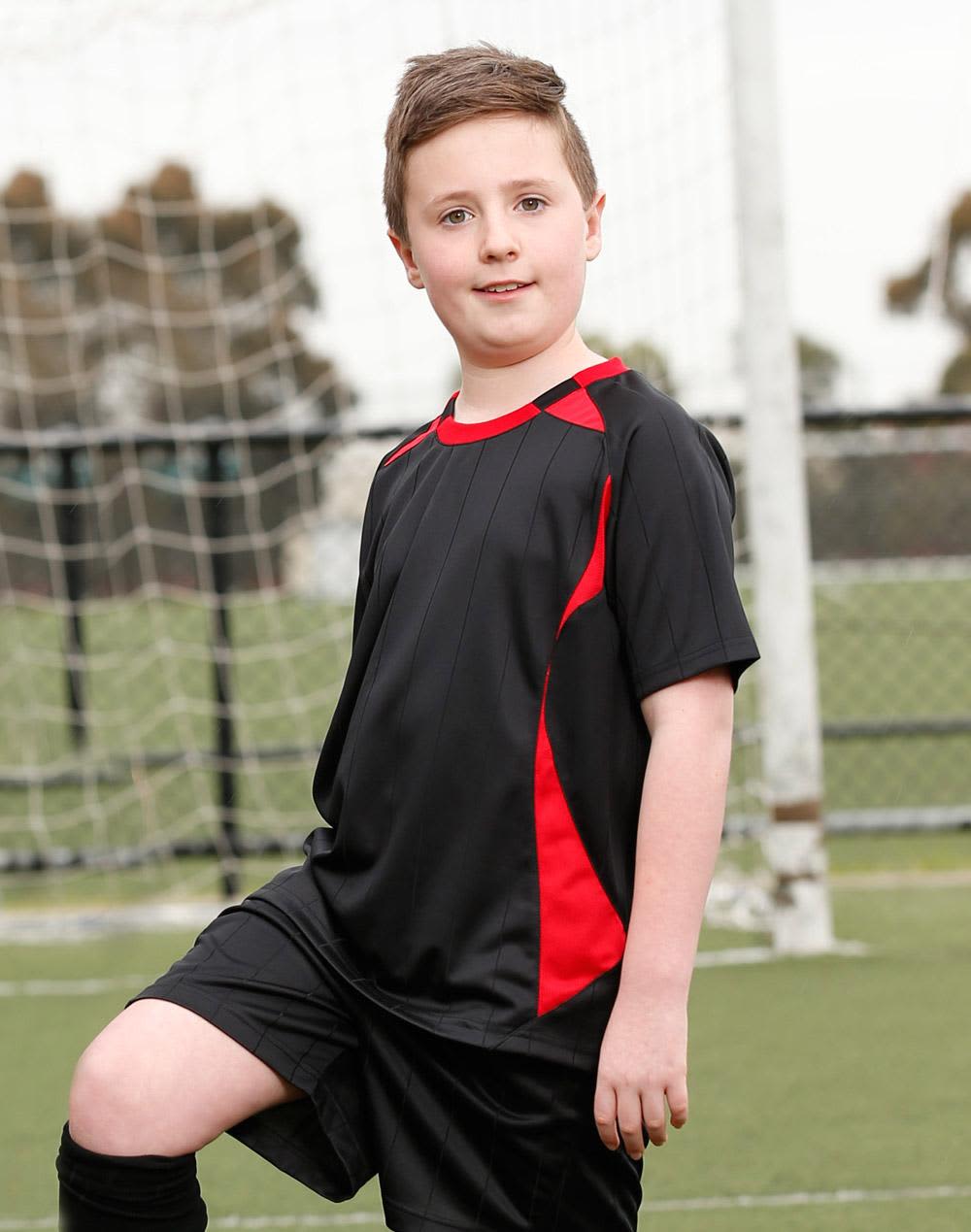 A kid's soccer jersey featuring black with red accents, designed for sports uniforms. It includes a logo. Kid's Soccer Jersey - Image 1